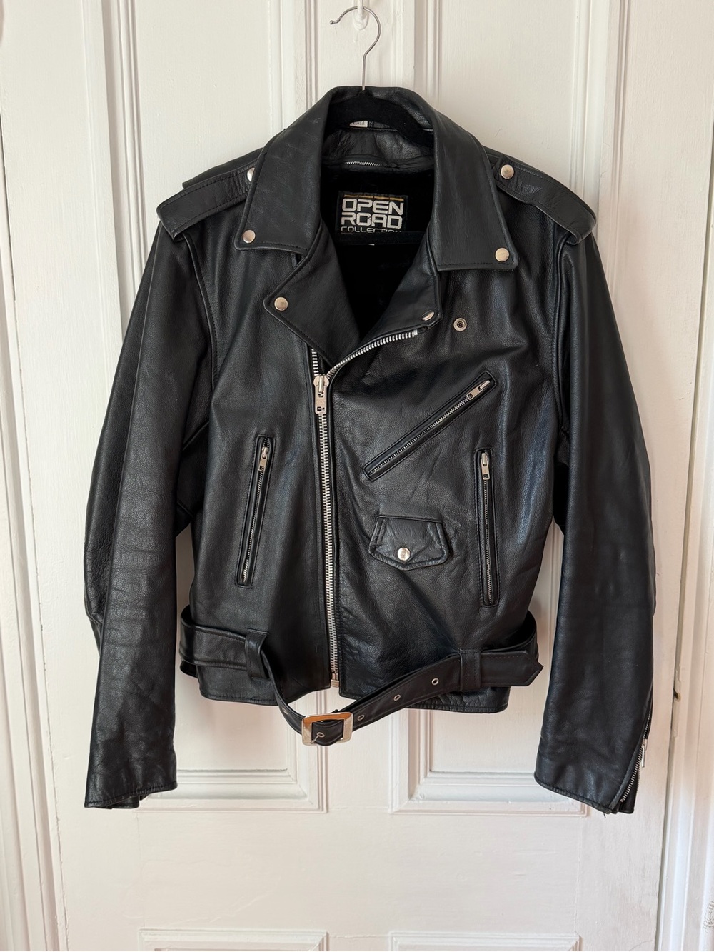 Vintage Open Road Collection Black Leather Motorcycle Jacket Size 42
